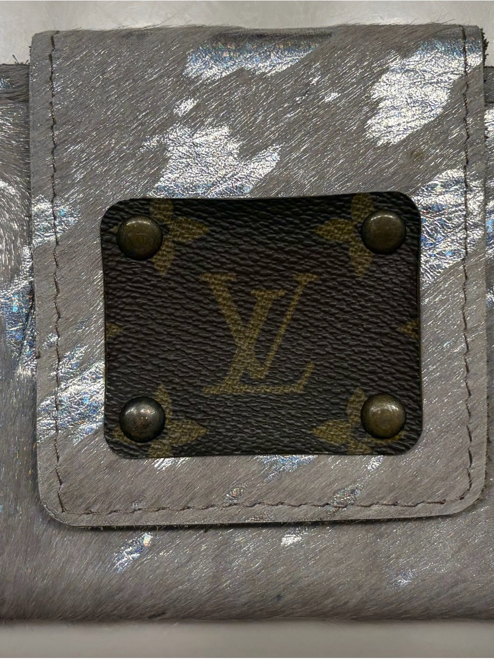 Keep It Gypsy Silver Cowhide Wallet with vintage LV upcycled patch